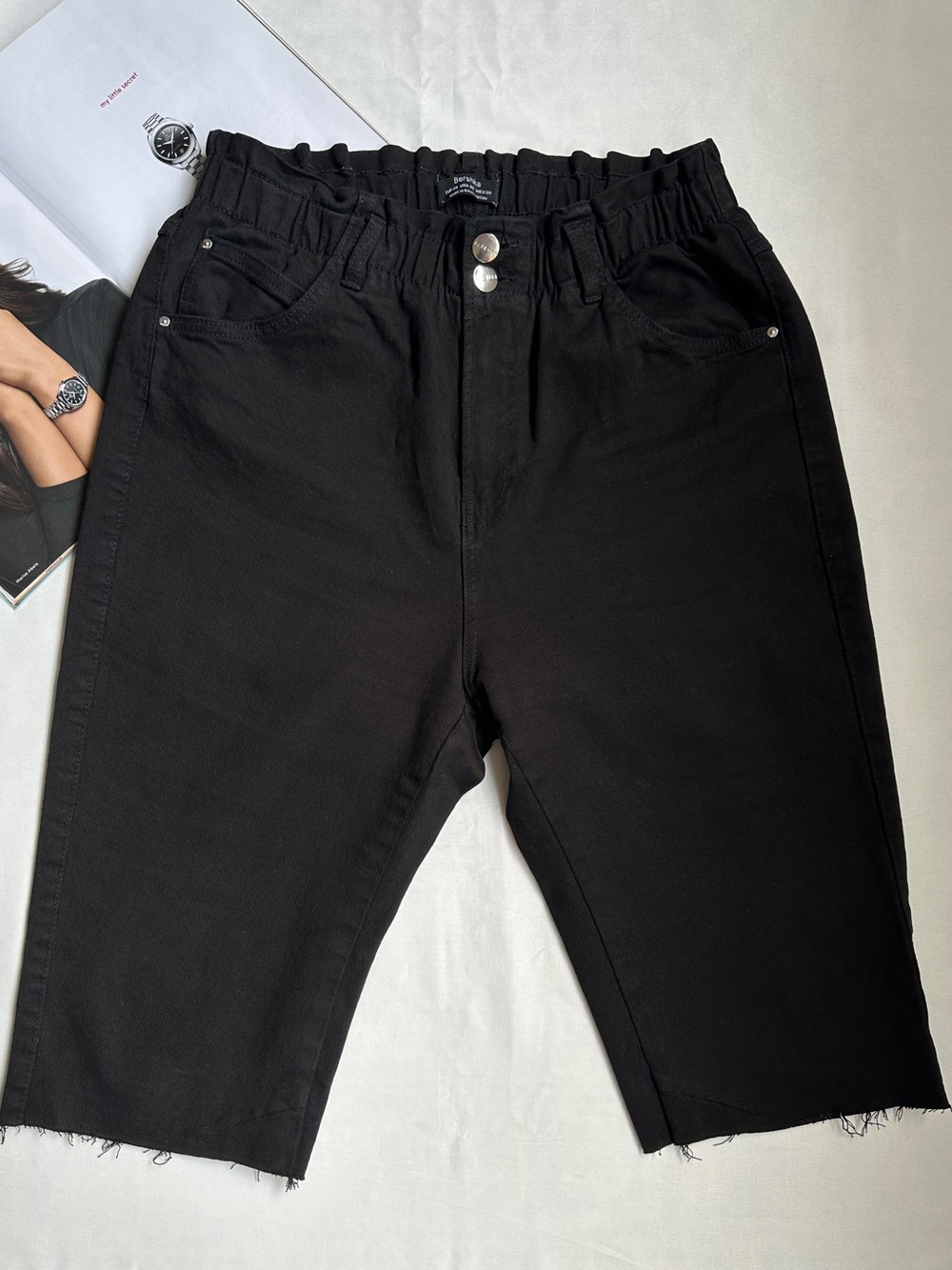 3/50$Bershka Black Paperbag Waist Bermuda Shorts with Frayed Hem